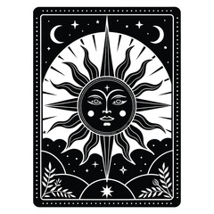 Black and white vector illustration of tarot cards with celestial