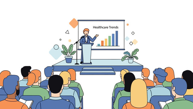 Business presentation on healthcare trends with diverse audience in vector style