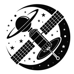Black and white vector illustration of satellites orbiting