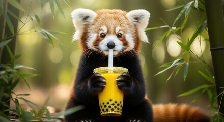 Red panda drinking from yellow cup.