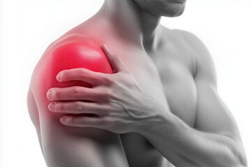 A man with shoulder pain, holding his left arm close to the body and touching it in red color on a white background.