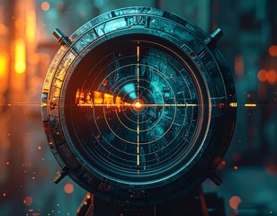 Close-up of a circular, metallic device with illuminated crosshairs and a targeting reticle, set against blurred lights
