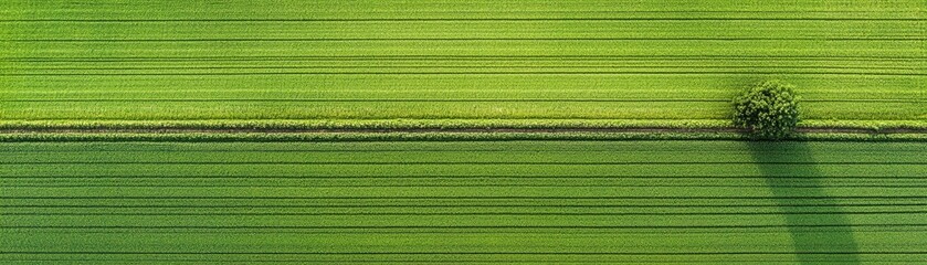 Picturesque solitary tree dominating vibrant green meadow expansive landscape lone tree in vast green field serene nature's beauty unfolds.