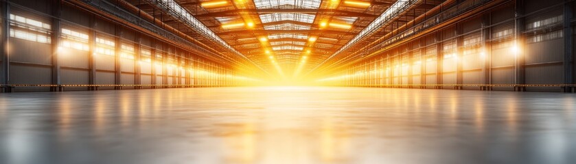 Expansive industrial warehouse interior bathed in bright overhead ceiling light modern storage facility spacious commercial space logistics hub.