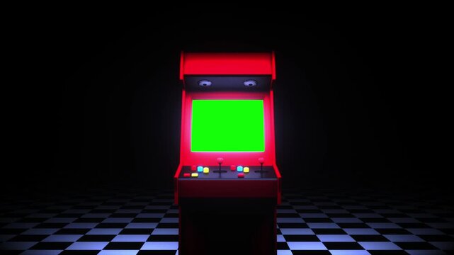 Retro Arcade Machine with Vibrant Green Screen and Colorful Buttons Against Dark Background Evokes Nostalgia and Excitement with Checkered Floor and Mysterious Atmosphere