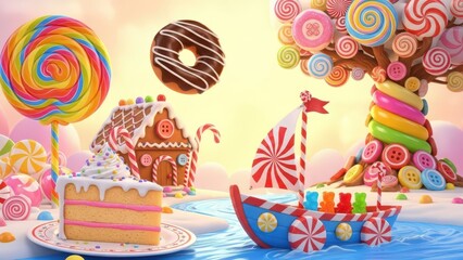 A colorful candy land fantasy scene featuring a gingerbread house and a giant lollipop