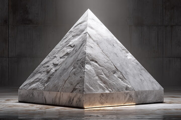 Illuminated marble pyramid sculpture in dimly lit room