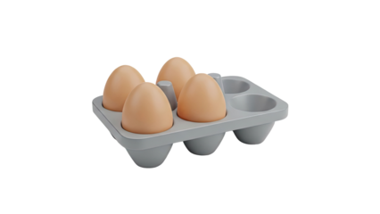 3D Four brown eggs in a grey egg carton on transparent background
