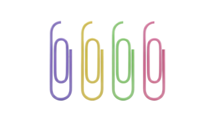 3D Four colorful paper clips in a row transparent background
