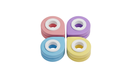3D Four pastel colored tape dispensers arranged in a square on transparent background