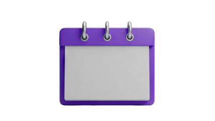 3D Purple open calendar icon with blank page on transparent background
