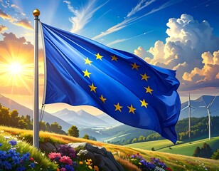 Digital image of the blue flag with yellow stars waving in a sunny landscape