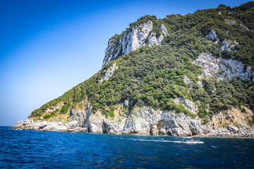cliffs, mountains, rock formations, rocky coast of the sea, boat, capri, island, naples, napoli, italy, europe
