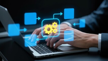 Ai agent generative, rpa transformation robotic process automation, big data, business automation, technology innovation, modern workflow with glowing gears flowchart overlay hands typing laptop - Powered by Adobe