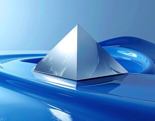 Metallic pyramid reflected in stylized glossy blue ripples
