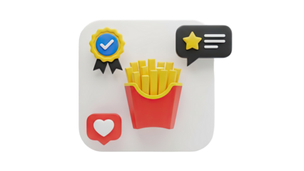 3D food icon with social media symbols on transparent background