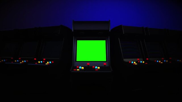 Nostalgic Retro Arcade Machine with Vibrant Green Screen and Colorful Buttons in Dim Lighting, Featuring Joystick for Interactive Play in Mysterious Setting