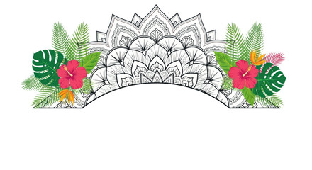 Tropical Arch with Mandala Pattern Hibiscus Flowers and Green Leaves. © Berkah