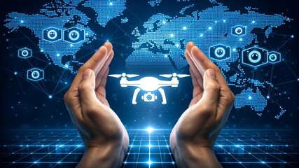 Ai agent generative, rpa transformation robotic process automation, big data, business automation, technology innovation, hands protecting drone over digital world map network cybersecurity automation - Powered by Adobe