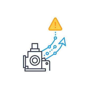 Iconic representation of an industrial machine encountering a critical system error, with an alert symbol highlighting potential malfunction, requiring proactive monitoring and urgent maintenance