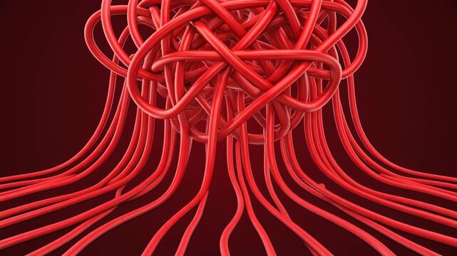The Auspicious Knot Unraveling. Chinese New Year. An abstract background where the lines form a complex, tangled red knot pattern that is slowly and organically unraveling into smooth. .
