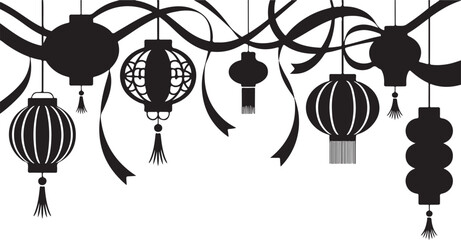 Black silhouette of hanging lanterns and ribbons white