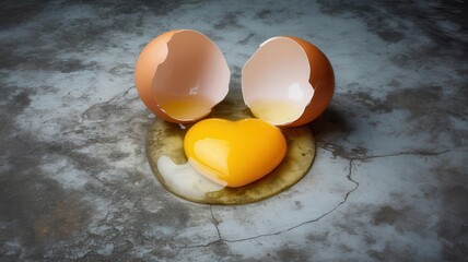 Cracked Egg with Heart-Shaped Yolk on Dark Concrete Background