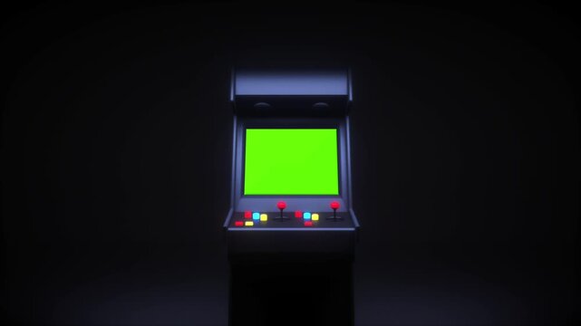 Retro Arcade Machine with Vibrant Green Screen and Colorful Buttons Evokes Nostalgia Illuminated Joystick and Buttons Create Classic Gaming Atmosphere Dark Room, Highlighting Excitement and Experience