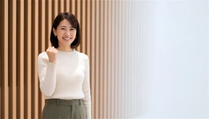 木目調の壁の前でガッツポーズをする女性