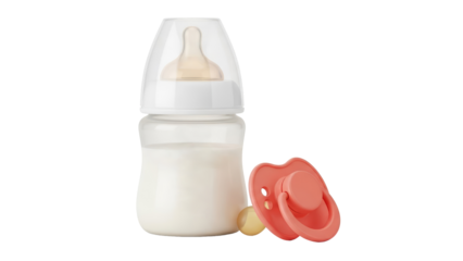 Baby feeding set with milk bottle and pink pacifier isolated on transparent background