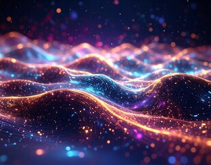 Digital waves of vibrant glowing light, a universe of sparkling particles