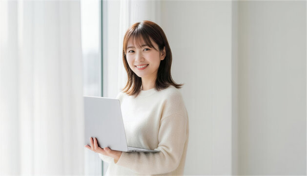 明るい窓際でパソコンを持ち微笑む女性