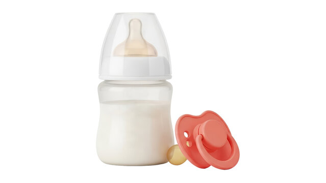 Baby feeding set with milk bottle and pink pacifier isolated on transparent background