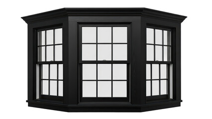 Black bay window with multiple panes isolated on transparent background