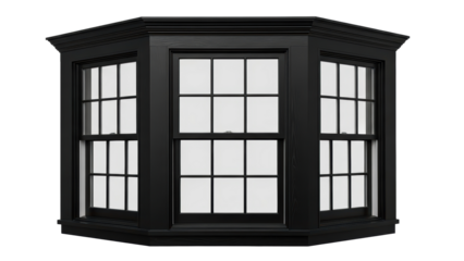 Black bay window with multiple panes isolated on transparent background