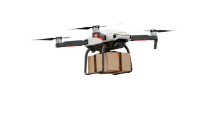 Modern white drone carrying a cardboard delivery package in flight, isolated on transparent background