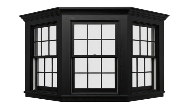 Black bay window with multiple panes isolated on transparent background