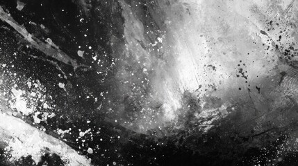 A dynamic black-and-white abstract painting featuring splatters, brush strokes, and swirling textures, conveying a sense of movement and energy.