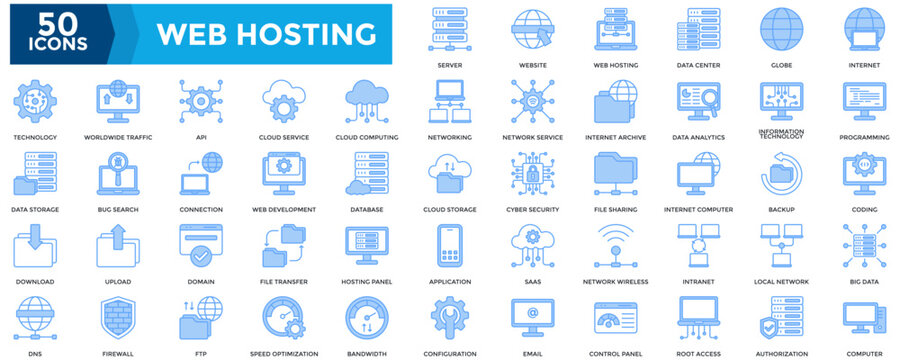 Web Hosting Icon Set. Containing Server, Website, Data Center, Internet, Programming, database, Big Data, Computer, Technology, cloud service Icon. Simple Lineal Blue Vector 