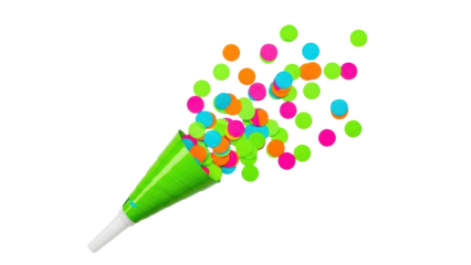 Bright green party popper exploding with colorful neon confetti dots isolated on transparent background