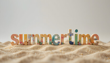 Colorful Wooden Summertime Lettering on Sand Beach 