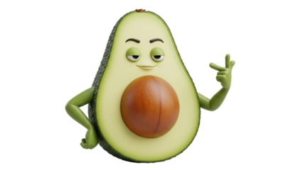 Funny cartoon avocado character making a gesture with its hand, isolated on transparent background