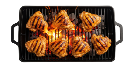 Six grilled chicken thighs cooking over hot coals on a barbecue grill with flames showing isolated on transparent background