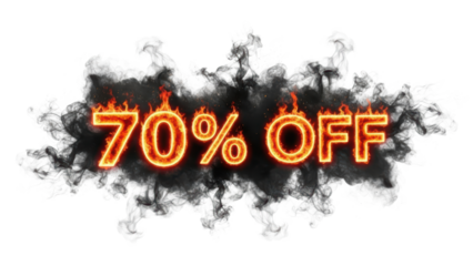 Fiery 70% off sale discount text with black smoke effect isolated on transparent background