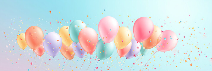 Colorful balloons floating in the air with confetti, celebration and party decorations, festive and joyful atmosphere, bright and vibrant colors
