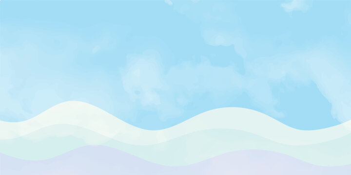 Abstract blue background with flowing waves and soft summer clouds in a clear sky creates a beautiful nature illustration featuring bright sun light and a vector design of water and air