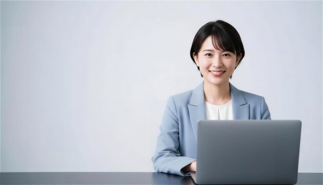 スーツを着てパソコンを前に自信を見せる女性