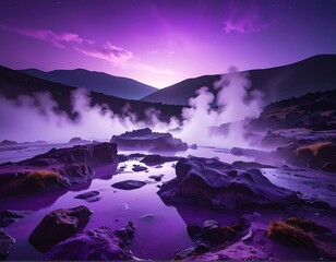 Evocative landscape, geothermal springs under a violet sky