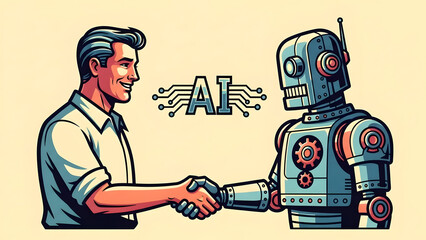 Man and robot illustration shaking hands beside an AI symbol I, representing human technology collaboration, artificial intelligence partnership, and futuristic trust concept