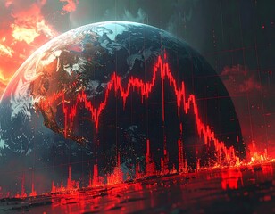 Earth with an overlaid red graph depicting crisis, burning landscape